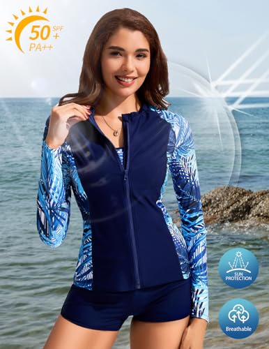 Summer Rash Guard Swimsuit Women UPF 50+ Long Sleeve Shirts Surfing Swimming Tops Lightweight Quick Dry Swimsuits Blue Leaf M - Image 2