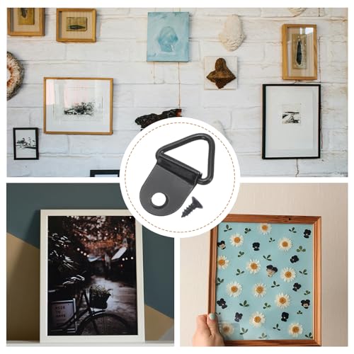 Image of uxcell 100Pcs Triangle Ring Iron Picture Hangers with Screws, Single Hole with Screw Small Decor Hooks for Hanging Picture Clock, Paintings Artwork Picture Frame Hook Photos Black