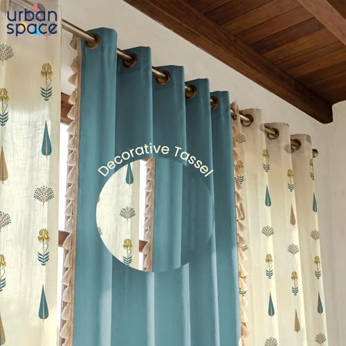 Image of Urban Space Printed 100% Cotton Curtains for Window, Combo Set of 3 Curtains 5 Feet, Tieback & Eyelets Included with Curtains for Home Decor (Orchard Dark Teal & Aura Dusty Blue, 5 Feet)