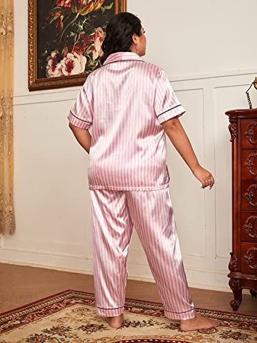 Wdirara Women's Plus Size Sleepwear Striped 2 Piece Satin Pajama Set Short Sleeve Loungewear Light Pink 2Xl #TOP1