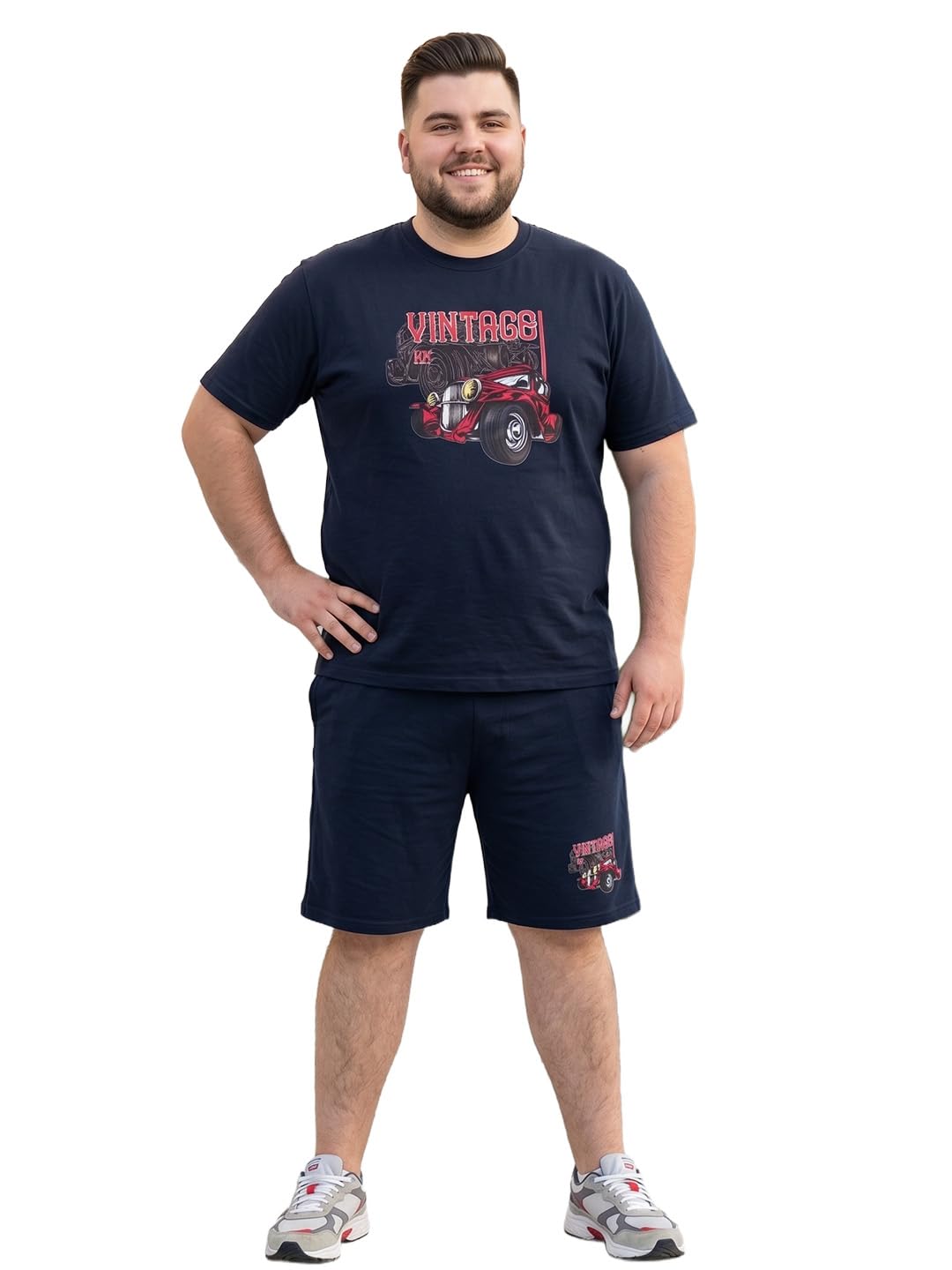 Men Plus Size Navy Blue Printed Co-Ords-image-15