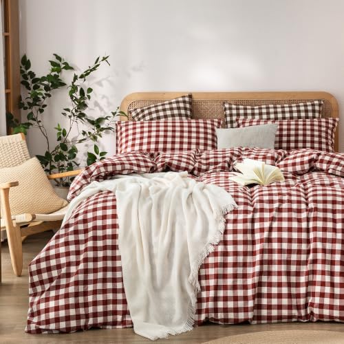 Image of BESTOUCH Gingham Cotton Duvet Cover Set Fired Brick Red Full | Washed Cotton, Linen Feel, Soft Wrinkle Texture, Hidden Zipper, 8 Ties, Breathable Lightweight Durable Comfy, 3 Pcs No Insert