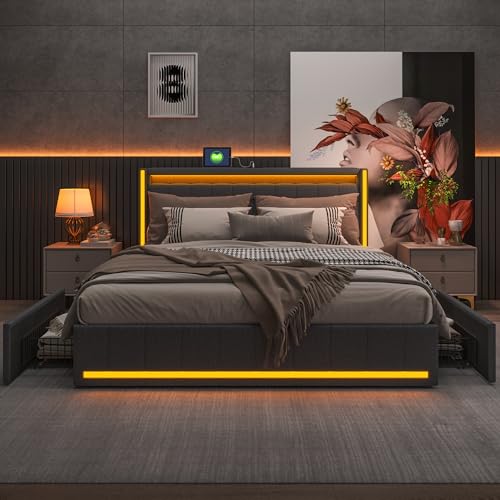 HYNHXBP Lit Coffre 140x200 cm avec 4 tiroirs en métal, lit rembourré avec éclairage LED et...