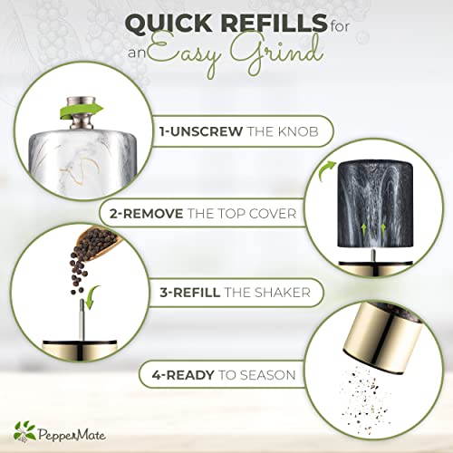 Peppermate Salt and Pepper Grinder Set - Easily Refillable Stainless Steel Pepper Mill Grinder with Real Marble Finish Top, Ceramic Blades, Adjustable Coarseness (Dark and White Set)