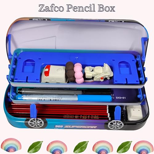 Image of ZAFCO Metal Pencil Box for Boys | Compass for Kids | Pen Box for Students | Geometry for School | Car Theme | Birthday Return Gift 1 Unit (Blue)