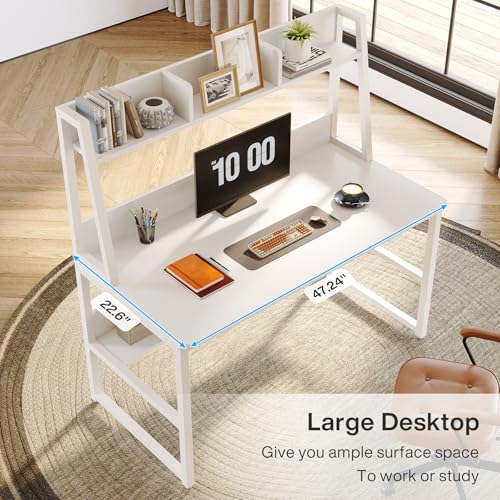 Tribesigns Computer Desk With Hutch, 47 Inches Home Office Desk With Space Saving Design With Bookshelf For Small Spaces(Engineered Wood, White&White) - Image 5