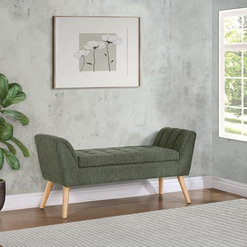 Image of OSP Home Furnishings Castile Mid-Century Modern Storage Bench with Natural Legs, Green Pine Fabric