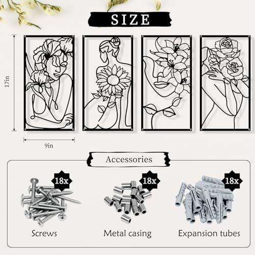 Zzbakress 4 Pcs Metal Minimalist Abstract Woman and Flower Wall Art Single Line Drawing Art Decor Minimalist Home Hanging Wall Decor for Bedroom Bathroom Living Room (style1, Black) - Image 4