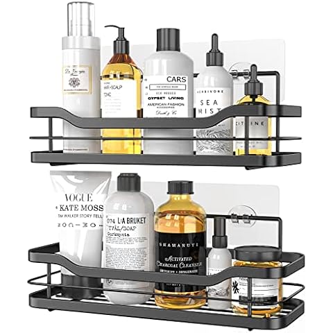 Shower Caddy Black, Homeasy Shower Shelf No Drilling Adhesive Bathroom Shelf Wall Mounted with 4 Movable Hooks for Hanging Razor and Towels Shower Accessories Bathroom Storage Kitchen Rack - 2 Pack Cover