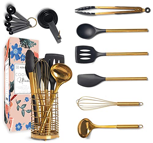 Black & Gold Kitchen Utensils with Metal Gold Utensil Holder -17PC Gold Cooking Utensils Set Includes Black & Gold Measuring Cups and Spoons Set-Gold Kitchen Accessories, Silicone Cooking Utensils Set