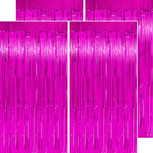 Image of Thicken Hot Pink Streamers 4 Pack 3.2x8.2 FT, Hot Pink Tinsel Fringe Backdrop Curtains for Birthday, Luau, Hawaiian Party Decorations