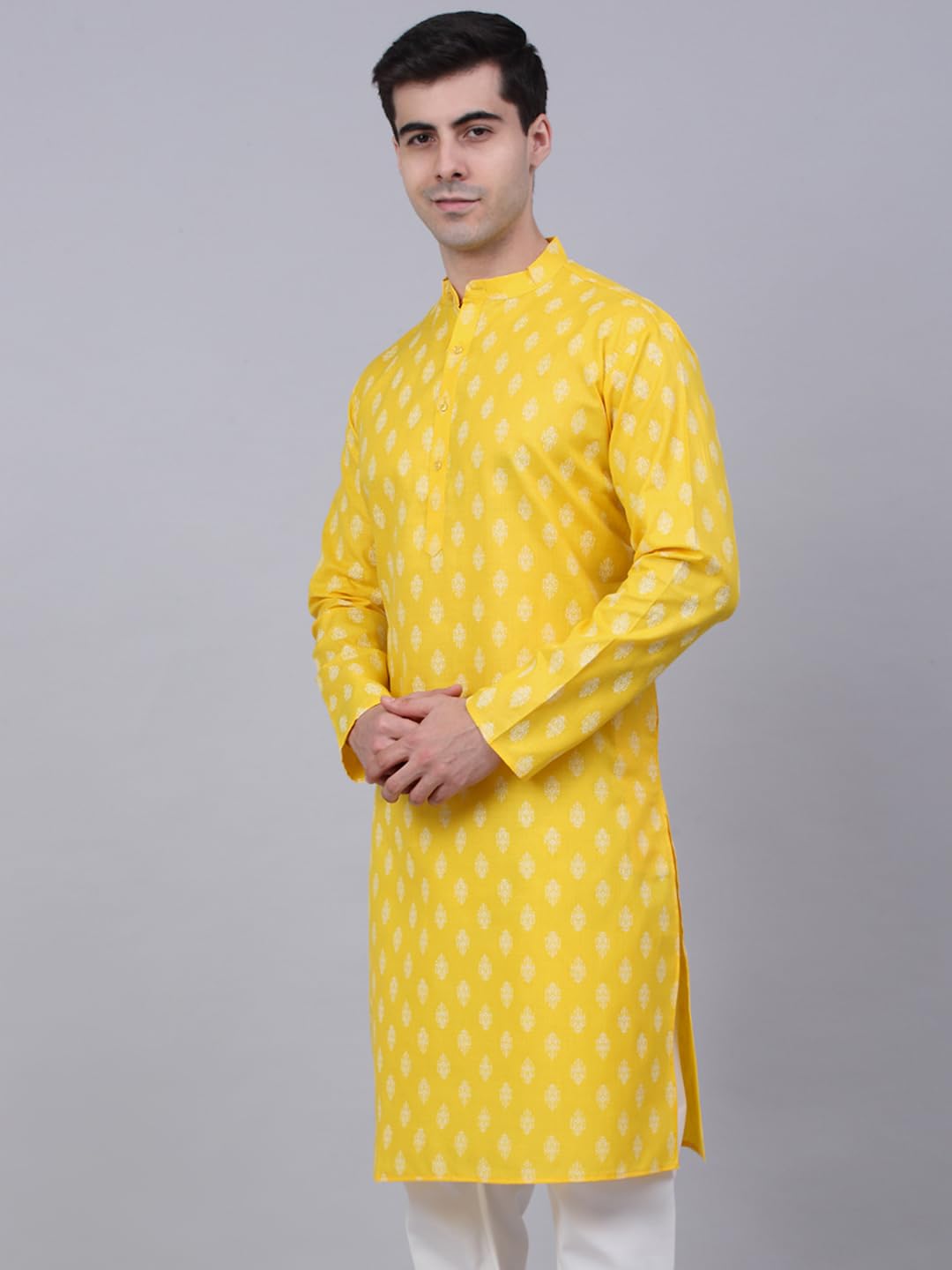 Jompers Men's Cotton Floral Printed Kurtas (Lemon, M)