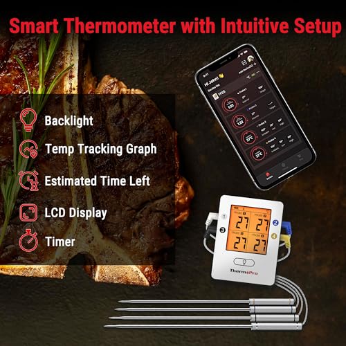 ThermoPro TempPro Bluetooth 5.0 Digital Bratenthermometer Grillthermometer Funk Fleischthermometer mit 4 Sonde für BBQ, Garraum, Smoker, Steak, Unterstützt IOS, Android, Reichweite bis zu 150m 3