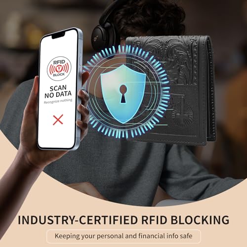 Image of Mens Rodeo Short Wallet Western RFID-Blocking Bifold Leather Wallet with ID Window - Full Grain Leather Wallets Unique Gift for Men, 02--Black
