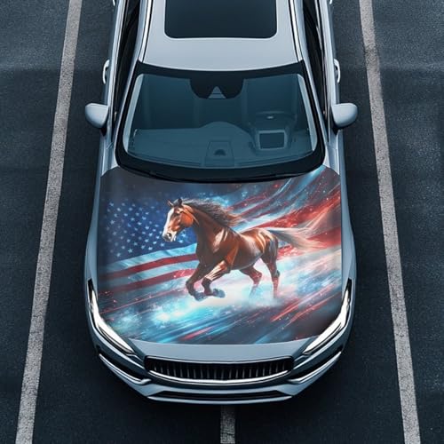 Image of Car Hood Cover Car Hood Protector American Flag Horse Waterproof Universal Automotive Exterior Accessories Patriotic Decorations for Compact Vehicles Sedans Trucks SUVs Pickup (59x39 Inch)
