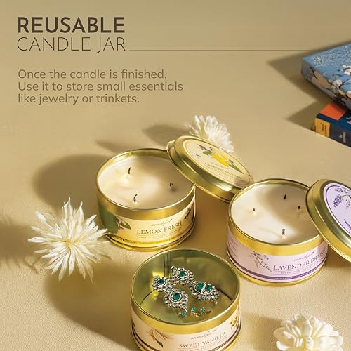 Image of Aromahpure Lavender 3 Wick Candle in Container with Lid Pack of 3 | 85g Each | Burn Time 7 Hours Each | Scented Candle | Relaxing Aromatherapy Candles for Home Decor, Gifting, Bedroom & Spa