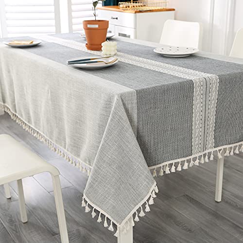 SUCHDECO Nappe Rectangulaire Grise Anti-Taches Nappe de Table en Coton et Lin Nappe Tassel Nappe Lavable Moderne Tablecloth Imperméable pour Table de Salle à Manger, 140 x 220 cm