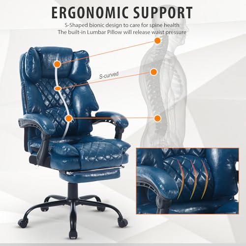 Image of Big Tall Reclining Office Chair with Footrest, 400lbs Ergonomic Recliner Office Desk Chairs with Lumbar Support, Heavy Duty High Back Vintage Leather Executive Computer Chair with Wheels, Blue