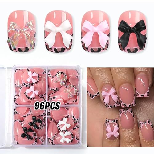 4packs 96Pcs Pink French Tip Press on Nails Shrot Square Fake Nails with Bow Desings Leopard French False Nails press ons Glossy Bow Charms Glue on Nails kit for Women Girls kid Manicure Decoration