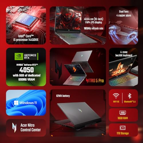 Image of Acer Nitro 5Pro, Intel Core i5-14450HX, Office 2024 + M365 Basic, NVIDIA GeF RTX 4050-6GB, 16GB RAM /1TB SSD, (16 inch) WUXGA IPS, 165Hz /62Whr, W11H, Herald Grey, 2.5Kg, AN5P16-73G2, RGB KB, Gaming Laptop