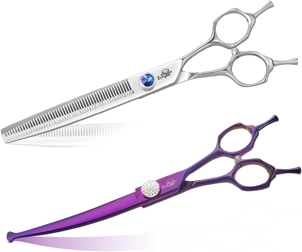 7" Thinning Shears for Dogs & Ethyxe 7" Curved Dog Grooming Scissors