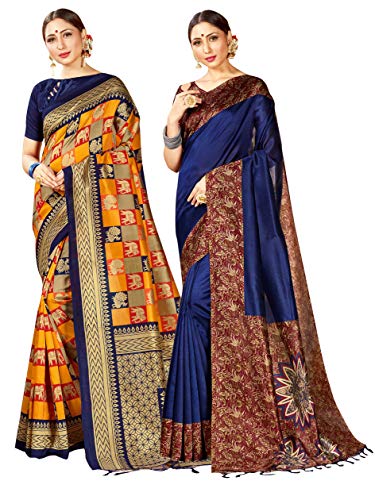 Elina fashion Pack of Two Sarees for Women Mysore Art Silk Printed Indian Wedding Saree | Summer Collection Gift Sari Combo