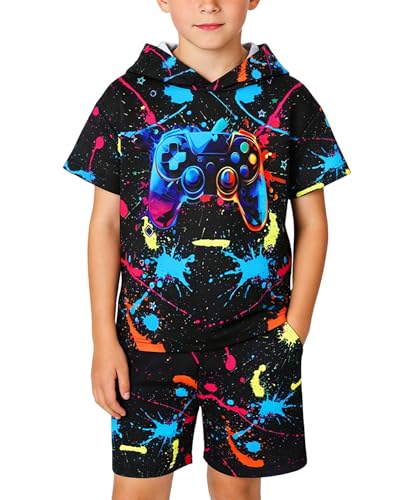 Latnnut ropa de nio de 8 aos Kids Shorts Boys 7-8 3D Printing Colorful Game Controller with Splatter Paint Patterns Short Sleeve Hooded T-Shirt and Shorts Outfit Size 7-8