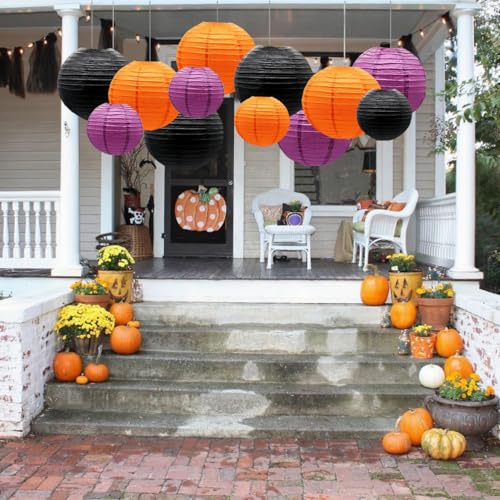 Image of Orange Purple Black Paper Lanterns Decorative 12pcs Halloween Hanging Decorations for Graduation Thanksgiving Birthday Party Decorations
