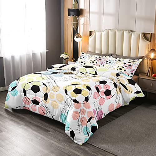 Kids Football Comforter Set Sports Theme Bedding Set for Child Boys Girls Soccer Ball Pattern Duvet Set Breathable Colorful Grunge Style Comforter Geometry Room Decor Duvet Set Ultra Soft Tw