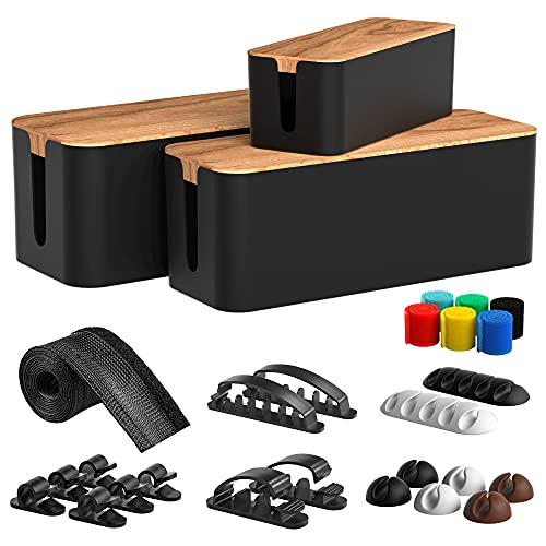 Cable Management Box 3 Pack with 16 Cable Clips&Sleeve Set-Large&Medium&Small Wooden Style Cable Organizer Box to Hide Wires&Power Strips | Cord Organizer Box | Cable Organizer for Home&Office [Black]