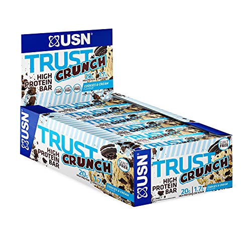 USN Trust Crunch Protein Riegel, Cookies & Cream, 12 x 60g, der leckere und sättigende Snack für die Hosentasche, Keks & Sahne, 20g Protein