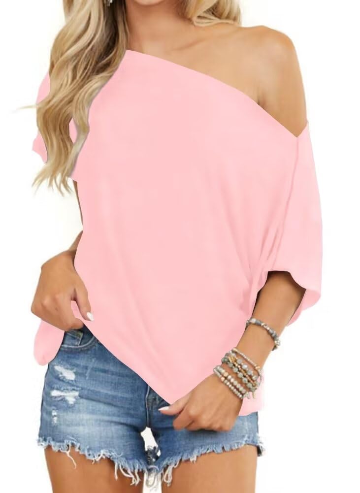 INFITTY Women's Short Sleeve Shirts Off Shoulder Tops Casual Sexy Batwing Tunics Blouse Oversized Tshirt Summer 2025