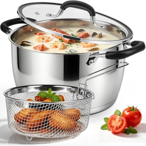 Aosion 6 Quart Stainless Steel Stock Pot With Lid And Deep Fryer Basket