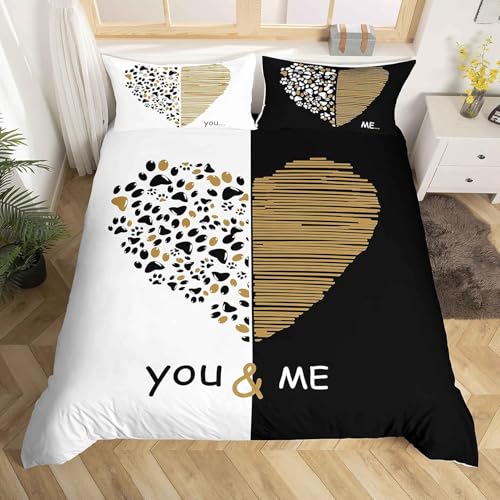 Homemissing Double You and Me Gold Black Heart Shaped Quilt Cover Couple Romantic Valentine's Day Family Bedding Linen White