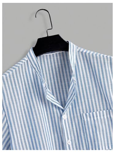 GORGLITTER Men's Striped Button Down Shirt Pocket Patched Short Sleeve Collar Tops3