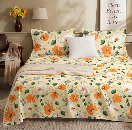 Image of BSB HOME 240 TC Cotton Bedsheet with 2 Pillow Covers, Soft Breathable Floral King Size Flat Bed Sheet - 90 x 100 Inches (228 x 254 cm) (Burnt Orange)