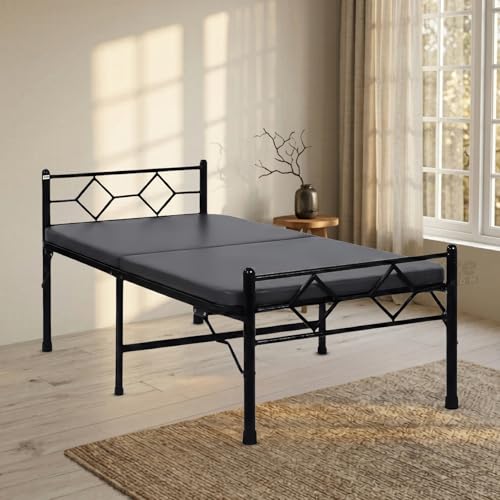 Image of DELITE KOM Dory Foldable Metal Single Bed (6.7x3ft) with Mattress | No Install | 1 Year Warranty | Strong Metal Single Bed, 204.5 cm x 92 cm (6.71 ft x 3.02 ft) (Finish Color - Black