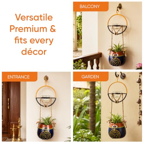 Image of AAKRITI ART CREATIONS Terracotta Hanging Planter with Metal Bird Feeder | Blue & Brown Earthen Design, Modern Art, Matte Finish | Decorative Hanging Pot for Indoor & Outdoor Home Decor
