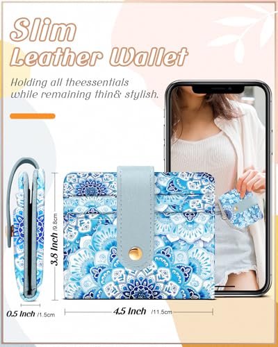 Image of Bistup Small Card Wallet for Women with Keychain, Blue Flowers | Clear ID Window, Compact Design for Daily Carry, Durable Material, Sturdy Keychain, Aesthetic