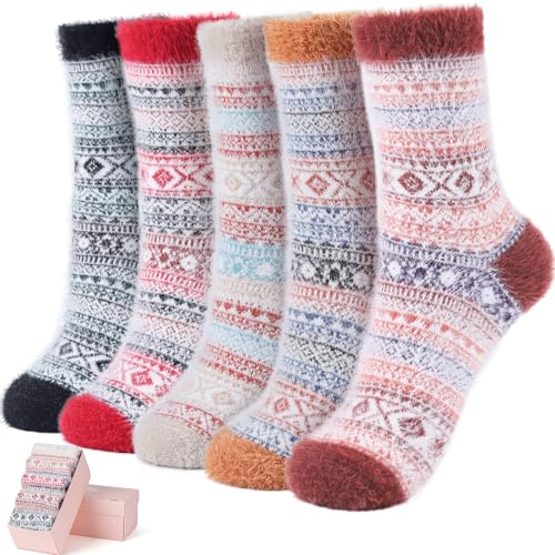 Image of ICEIVY 5 Pair Fuzzy Cozy Socks for Women - Warm Comfy Soft Casual Home Sleep Winter Wool Socks - Gifts for Women