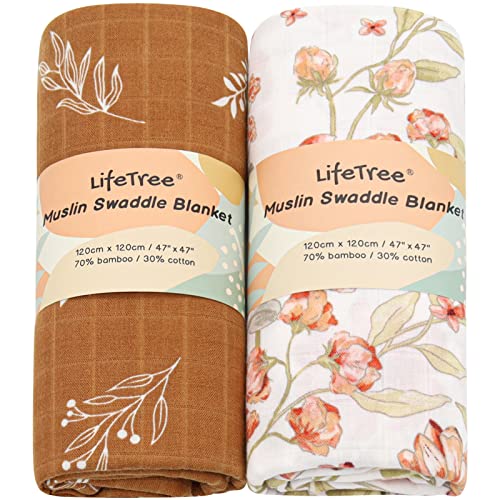 Image of LifeTree Muslin Swaddle Blanket for Baby Girl Newborn, 2-Pack 70% Viscose from Bamboo and 30% Cotton Large Baby Swaddle Blankets (47" x 47"), Floral & Tan Leaf