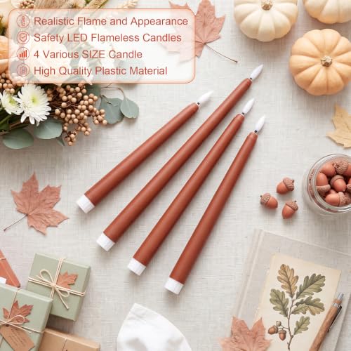 Image of Rossesay 24 Pcs Flameless LED Taper Candles Battery Operated Candle Flameless Candlesticks Flickering for Christmas Church Wedding Indoor Decoration (Classic,8.5 inch,9.65 inch,10.8 inch,12.8 inch,Brown)