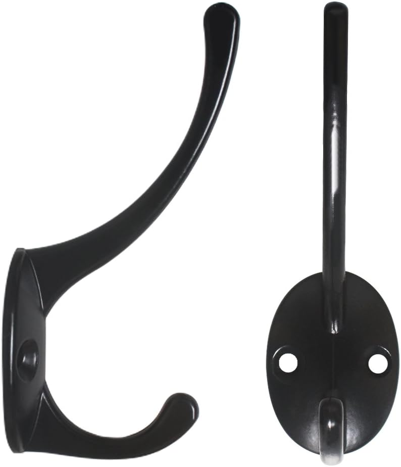 Heavy Duty Dual Coat Hooks Wall Mounted, 10 Pack Dual Prong Retro Double Utility Rustic Hooks with 30 Screws for Coat, Scarf, Bag, Towel, Key, Cap, Cup, Hat (Black)