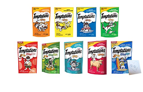 Temptations Huge Variety Pack, All 9 Flavors: Chicken, Salmon, Seafood Medley, Turkey, Tuna, Catnip Fever, Beef, Surfer, Cookout and 1 Pet Paws Notepad (9 Bags Total, 3 Ounces each)