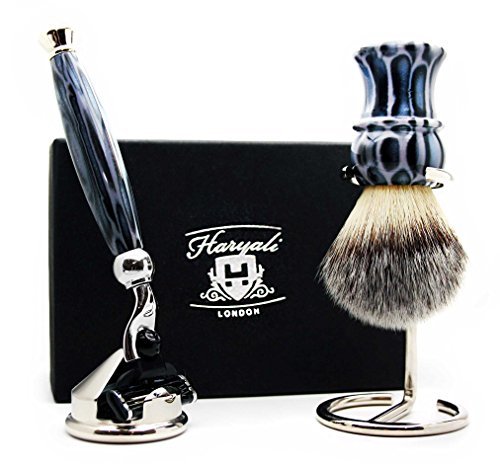 Haryali London Mens Shaving Kit 3 Edge Razor with Synthetic Badger Hair Shaving Brush, Brush Stand and Cone Shaped Razor Stand Perfect Set for Men