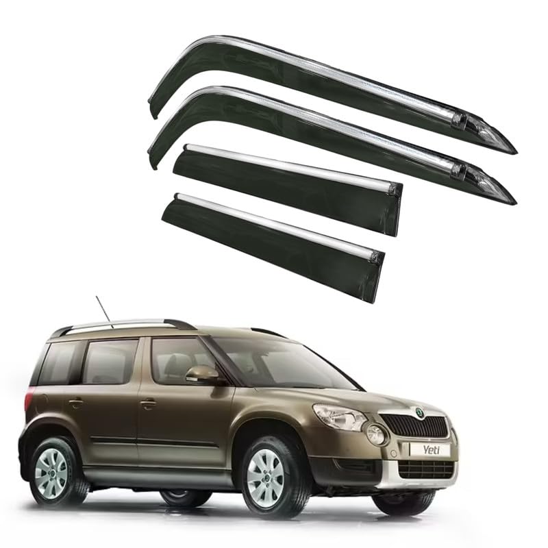 Image of CAR SAAZ Side Door Visors for Yeti (2010-2018)(Set of 4Pcs)|Chrome Lined Rain Guards, Polycarbonate, Smoke Finish