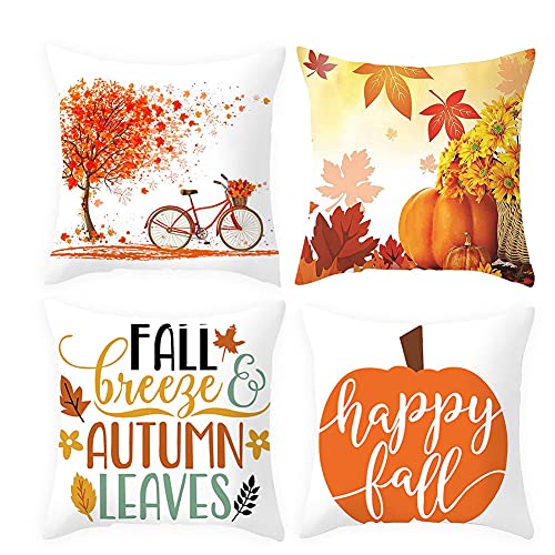 Binhelu Fall Throw Pillow Covers 18x18, Autumn Thanksgiving Pillow Cover Couch Pillow Case Set of 4 Polyester Fabric Decorative Pillow Cover Cushion Case for Sofa Bed Chair Decor