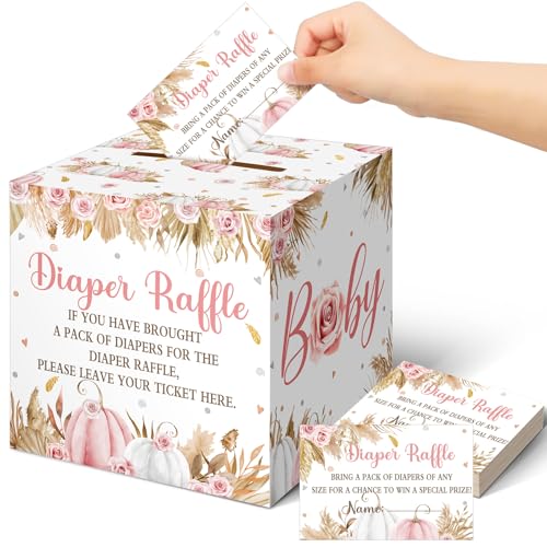 Image of Teling 51 Pcs Fall Pumpkin Diaper Raffle Ticket with Box Baby Shower Holder