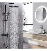 CHALIRS Shower Systems with Rain Shower Head,Matte Black Exposed Pipe Shower System,3 Functions T...