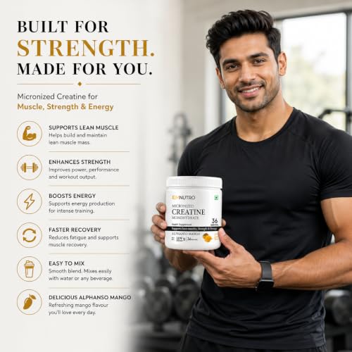 Image of Creatine Monohydrate Micronized Powder, Alphonso Mango Flavour, 109 g | Easy Mix Creatine Supplement for Men & Women | Pre & Post Workout | Gym & Fitness Supplement